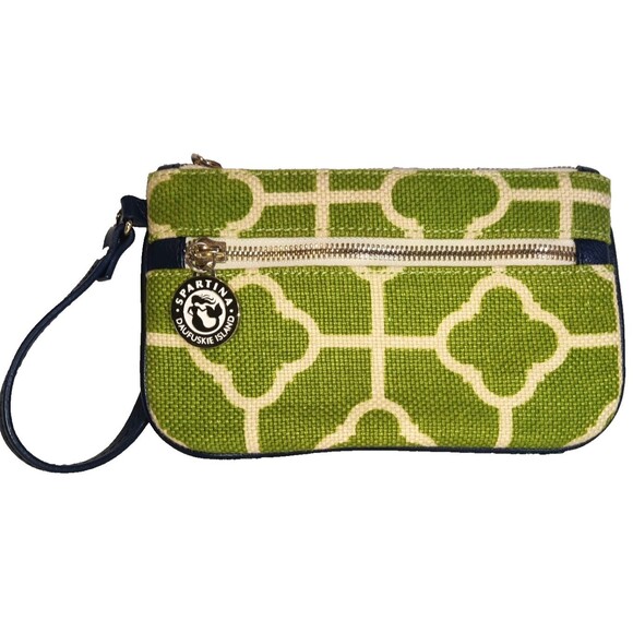 Spartina 449 Signature green & white linen pattern, navy blue handle Wallet Bag - Picture 1 of 7